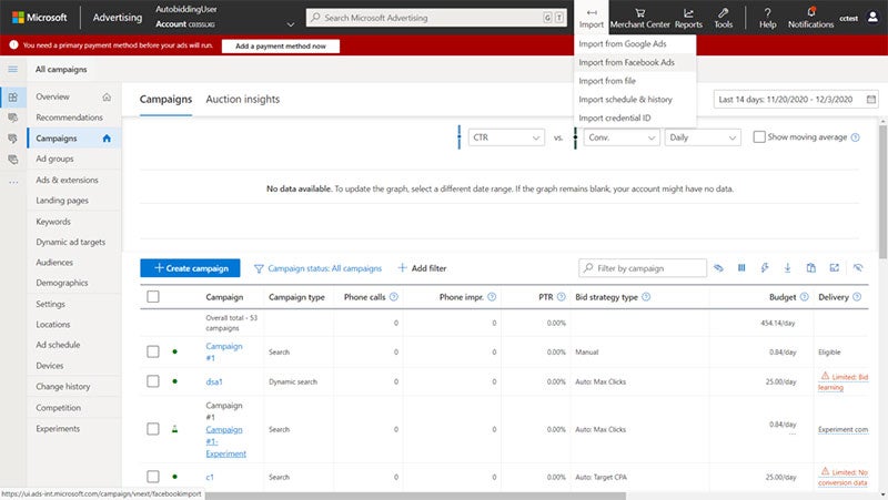 Microsoft Advertising’s platform for importing Facebook Ads.