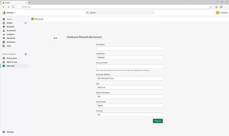 Sample Shopify page showing how to create a Microsoft Ads account.