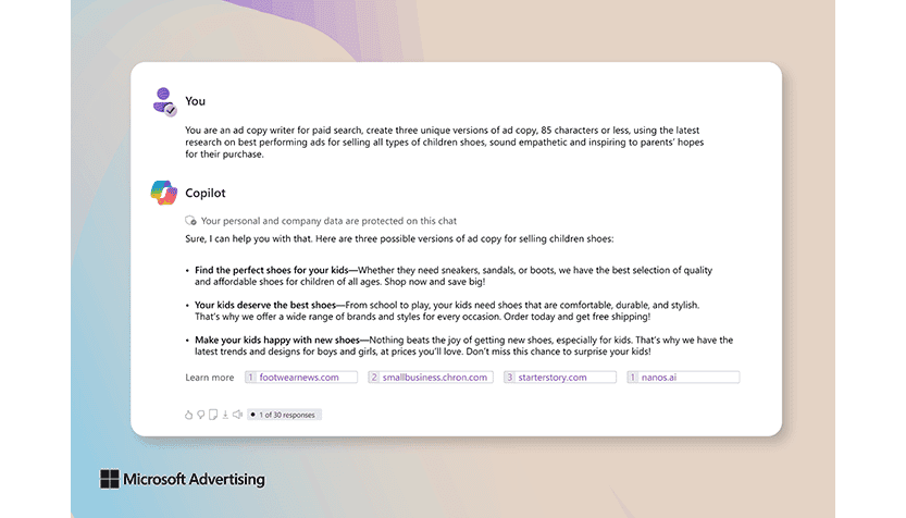 Example of an answer from Copilot to the following request: You are an ad copy writer for paid search, create 3 unique versions of ad copy, 85 characters or less, using the latest research on best performing ads for selling all types of children shoes, sound empathetic and inspiring to parents’ hopes for their purchase.