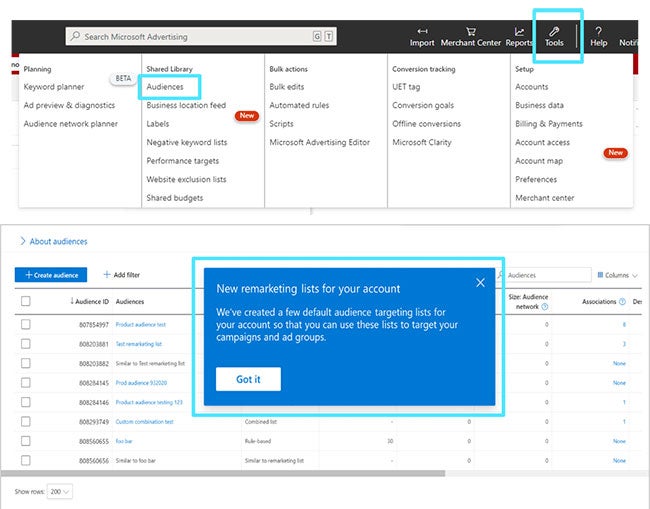 View of the Audiences platform to enable remarketing lists.