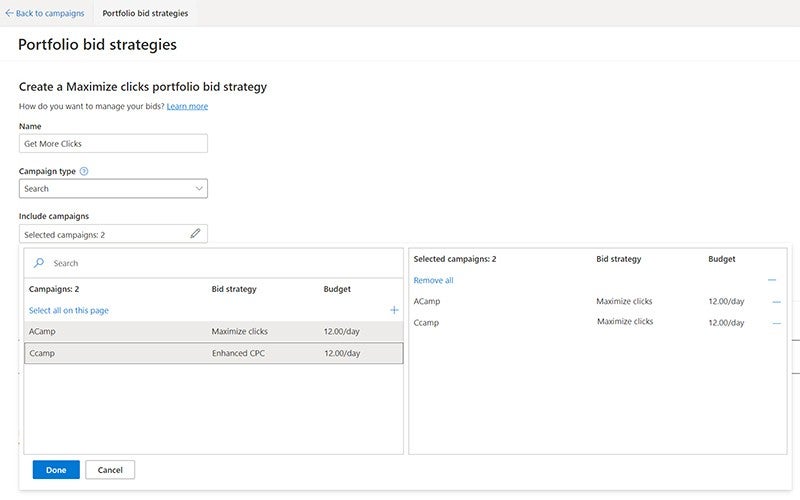 The portfolio bid strategies management platform for creating campaigns.