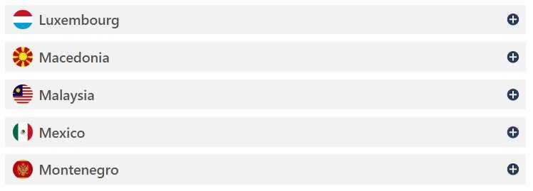 Snapshot of the country-specific requirements view with sample countries: Luxembourg, Macedonia, Malaysia, Mexico, and Montenegro.
