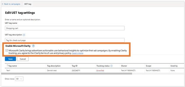 View of the Edit UET tag settings platform.