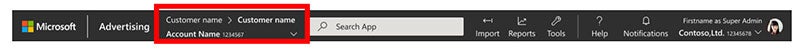 Product view of the account selector on the top of the Microsoft Advertising interface page.
