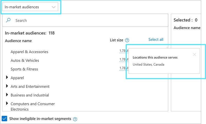 Product view of In-market Audiences categories user interface.