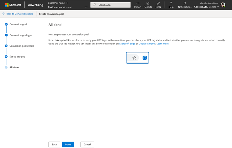 Product view of Conversion goal setup interface.