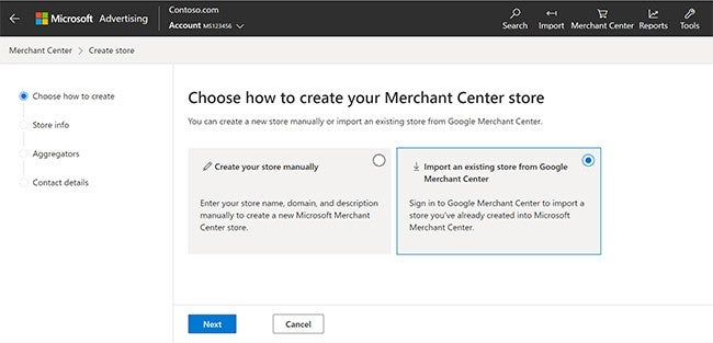 Snapshot of the platform where you create a Merchant Center store