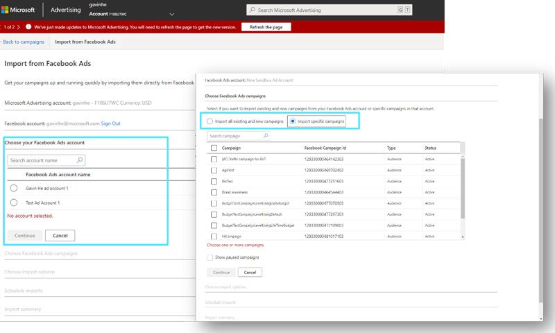 Product view of the Import from Facebook Ads window, with the popup for choosing specific campaigns.