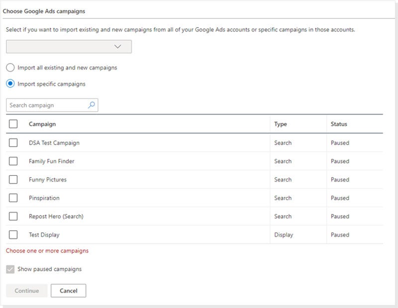 A dashboard for importing Google Ads campaigns.