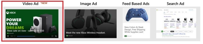 Example of a video ad, alongside an image ad, a feed-based ad, and a search ad.