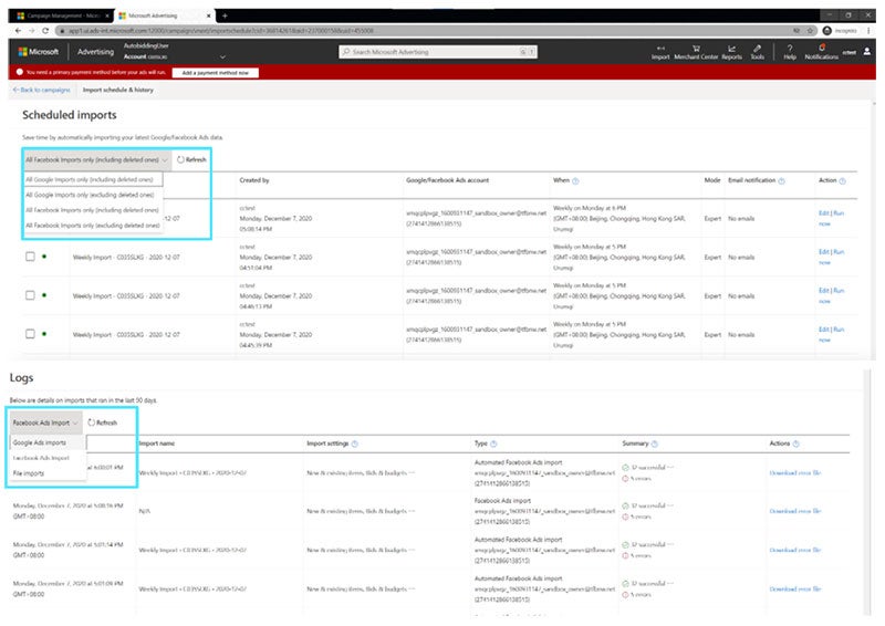 Product view of the Scheduled Imports and Logs windows.