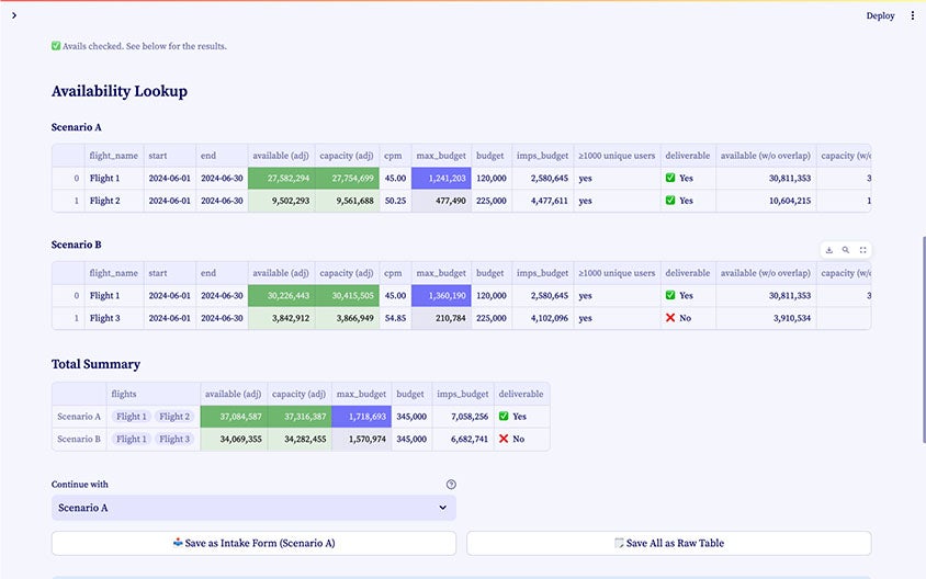 Example of the availability lookup menu.