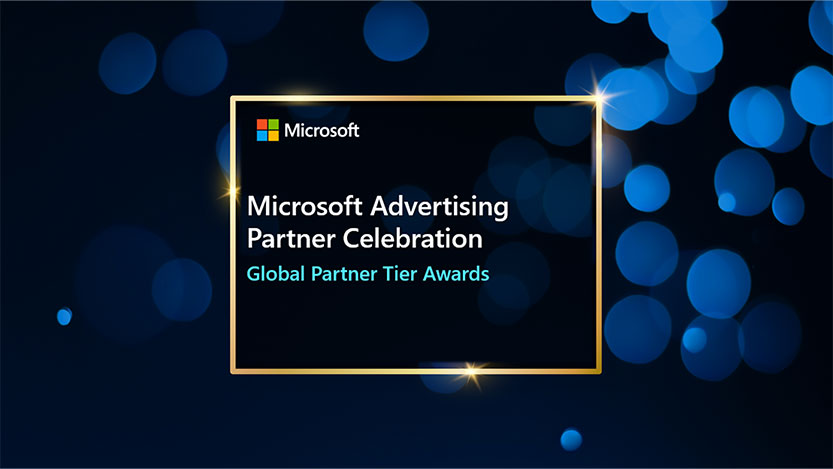 Microsoft Advertising Partner Celebration logo on a blue bubbles background