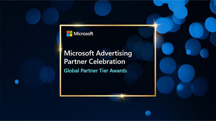 The words Microsoft Advertising Partner Celebration, Global Partner Tier Awards over a blue background.